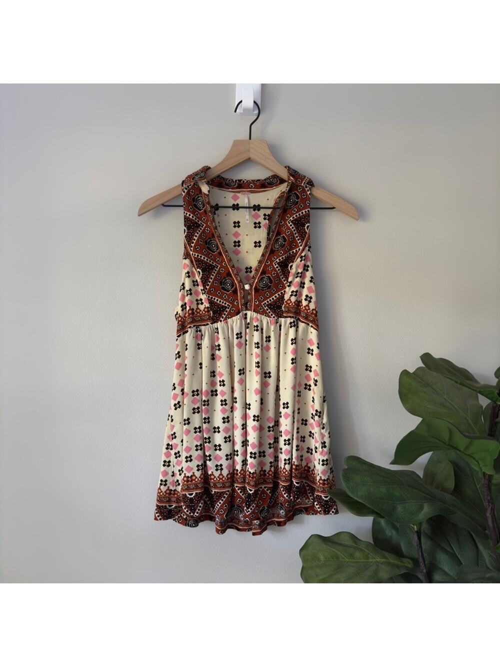 Free People Charlotte Tunic Top Tribal Print Boho Bohemian Collared Button Neck
